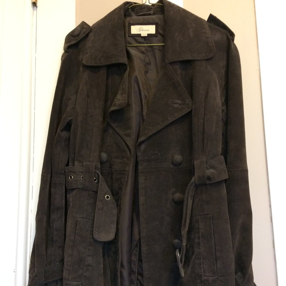 Ladies belted and button down, dark brown suede  jacket